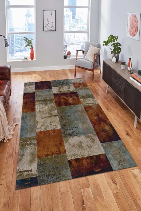 Alaiana Desenli Pamuk Tabanlı Yıkanabilen Kaymaz Antibakteriyel Şönil Salon Halısı