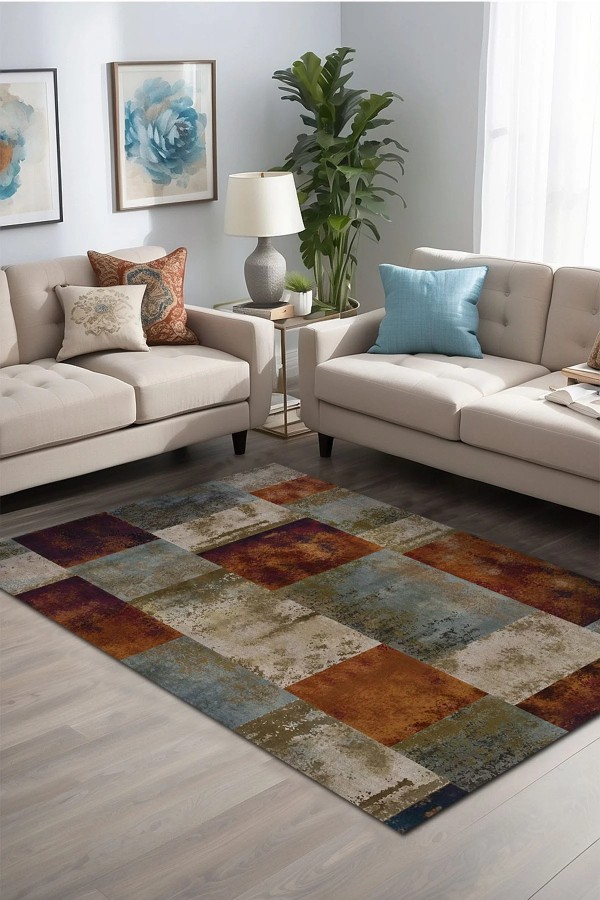 Alaiana Desenli Pamuk Tabanlı Yıkanabilen Kaymaz Antibakteriyel Şönil Salon Halısı