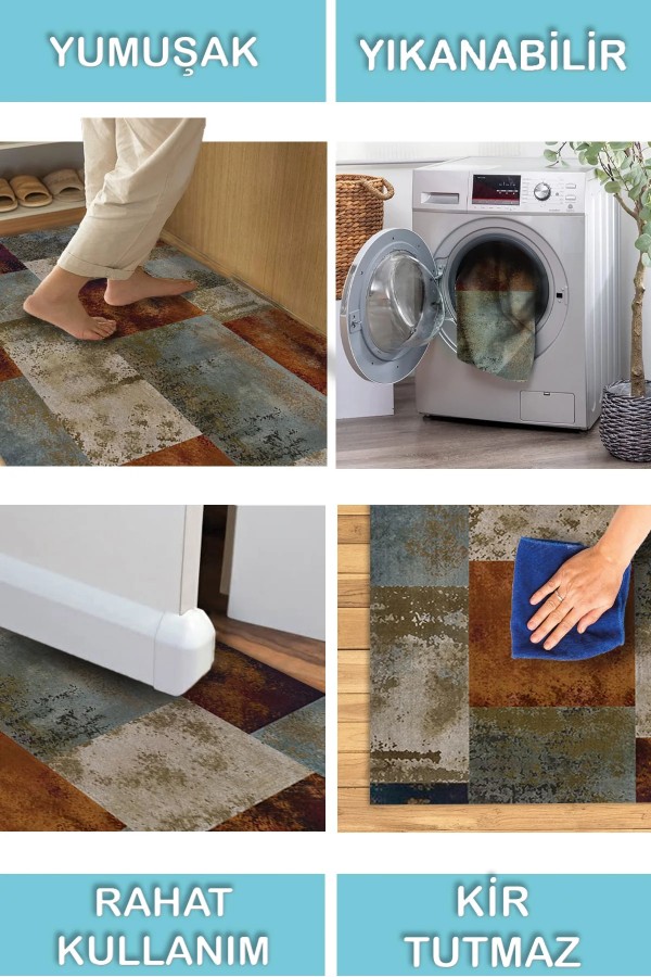 Alaiana Desenli Pamuk Tabanlı Yıkanabilen Kaymaz Antibakteriyel Şönil Salon Halısı