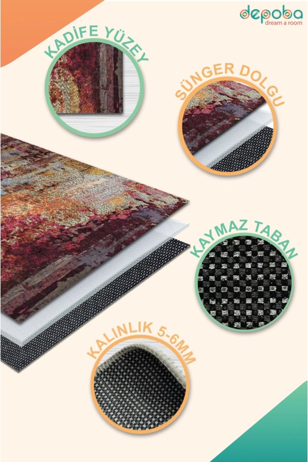 Erne Kadife Yıkanabilir Kaymaz Pamuk Tabanlı Antibakteriyel Salon Halısı