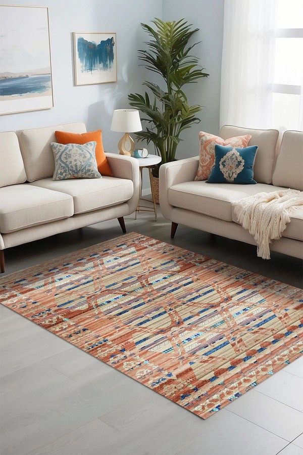 Alis Desenli Pamuk Tabanlı Yıkanabilen Kaymaz Antibakteriyel Şönil Salon Halısı