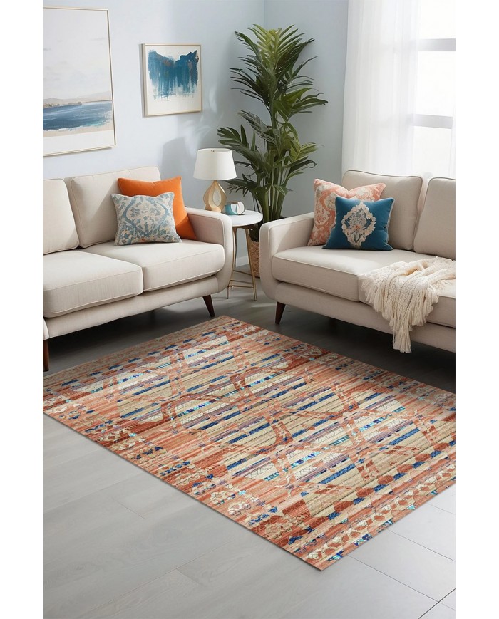 Alis Desenli Pamuk Tabanlı Yıkanabilen Kaymaz Antibakteriyel Şönil Salon Halısı