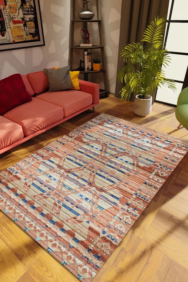 Alis Desenli Pamuk Tabanlı Yıkanabilen Kaymaz Antibakteriyel Şönil Salon Halısı