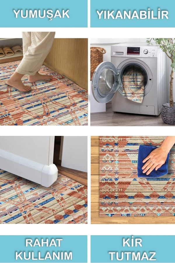 Alis Desenli Pamuk Tabanlı Yıkanabilen Kaymaz Antibakteriyel Şönil Salon Halısı