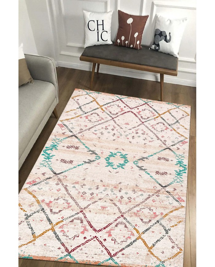 Alisha Desenli Pamuk Tabanlı Yıkanabilen Kaymaz Antibakteriyel Şönil Salon Halısı