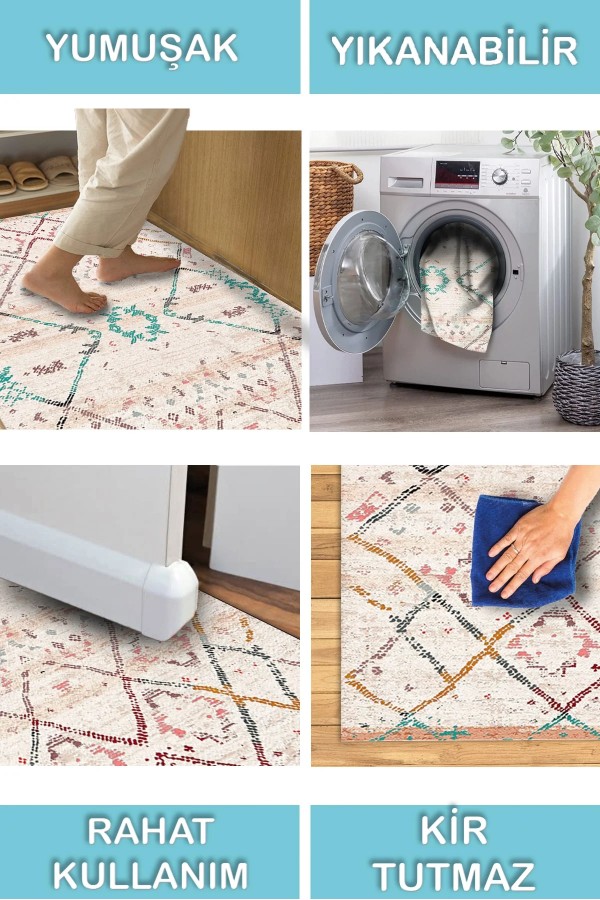 Alisha Desenli Pamuk Tabanlı Yıkanabilen Kaymaz Antibakteriyel Şönil Salon Halısı