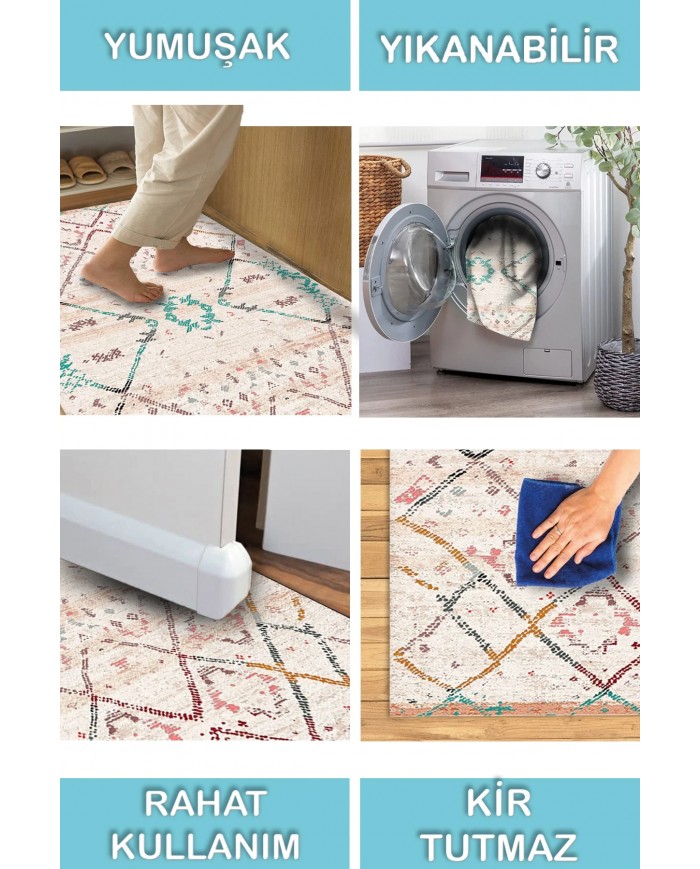 Alisha Desenli Pamuk Tabanlı Yıkanabilen Kaymaz Antibakteriyel Şönil Salon Halısı