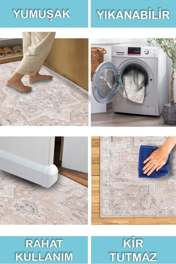 Aline Desenli Pamuk Tabanlı Yıkanabilen Kaymaz Antibakteriyel Şönil Salon Halısı