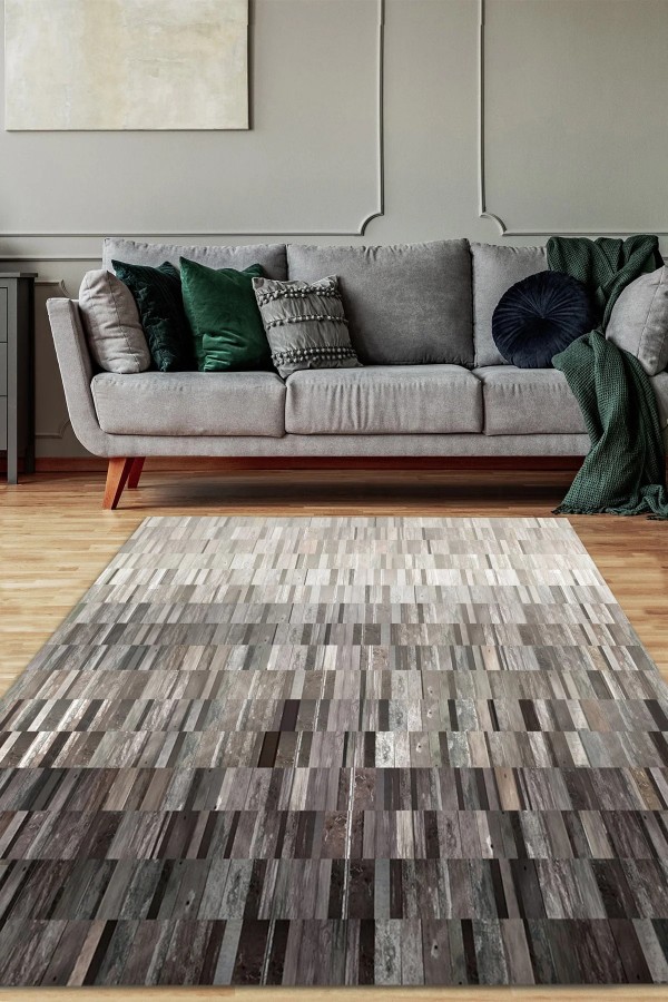 Aliya Desenli Pamuk Tabanlı Yıkanabilen Kaymaz Antibakteriyel Şönil Salon Halısı