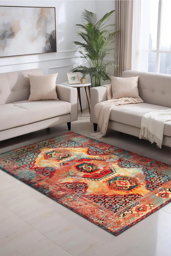 Anemo Desenli Pamuk Tabanlı Yıkanabilen Kaymaz Antibakteriyel Şönil Salon Halısı