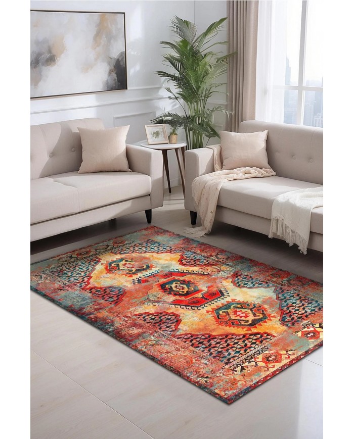 Anemo Desenli Pamuk Tabanlı Yıkanabilen Kaymaz Antibakteriyel Şönil Salon Halısı