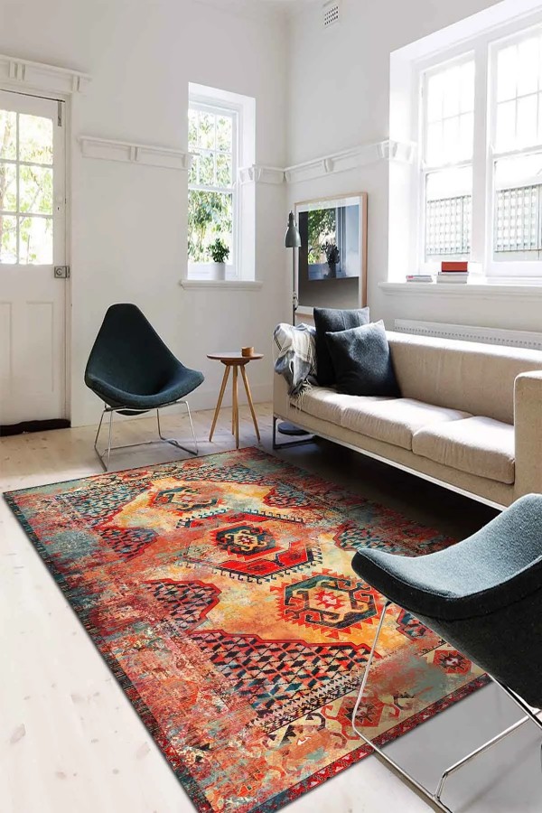 Anemo Desenli Pamuk Tabanlı Yıkanabilen Kaymaz Antibakteriyel Şönil Salon Halısı