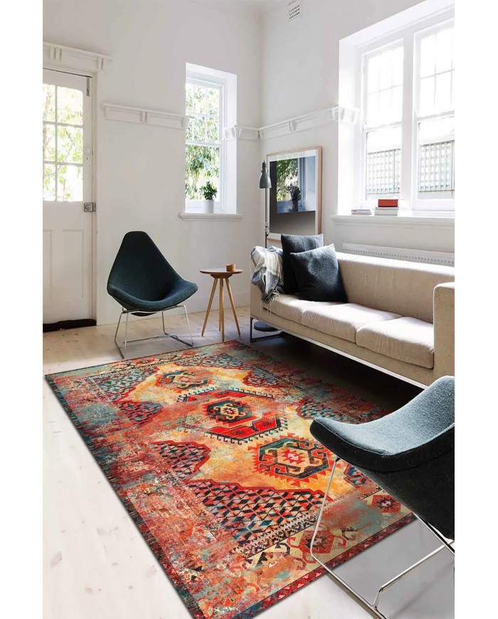 Anemo Desenli Pamuk Tabanlı Yıkanabilen Kaymaz Antibakteriyel Şönil Salon Halısı