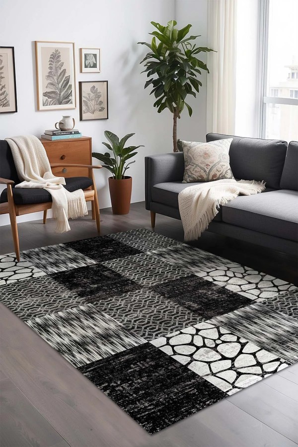 Antem Desenli Pamuk Tabanlı Yıkanabilen Kaymaz Antibakteriyel Şönil Salon Halısı