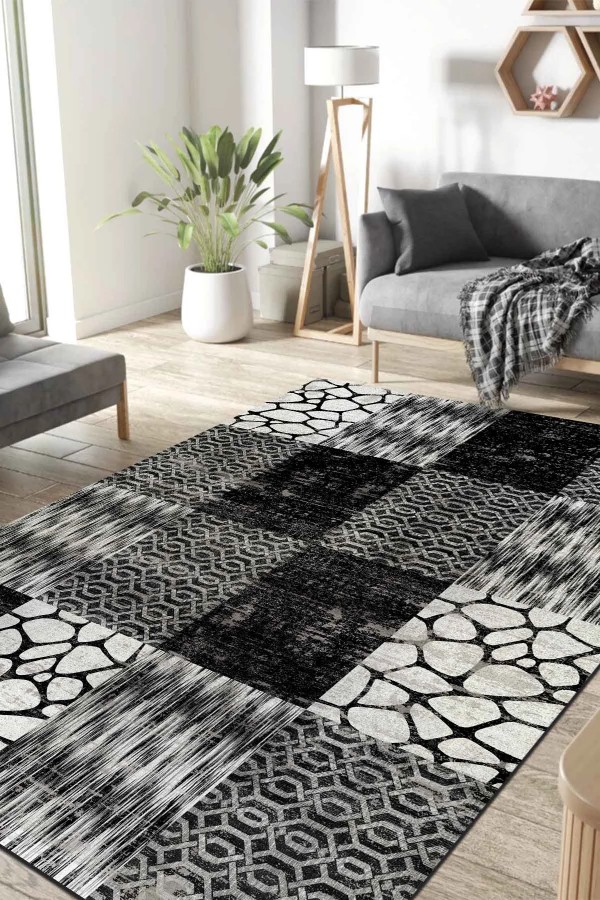 Antem Desenli Pamuk Tabanlı Yıkanabilen Kaymaz Antibakteriyel Şönil Salon Halısı