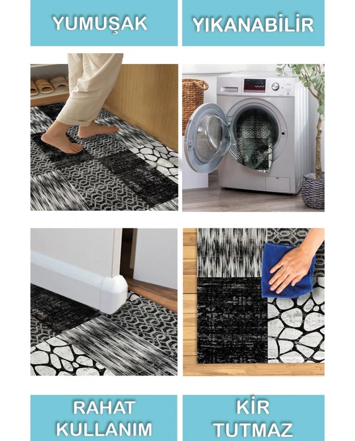 Antem Desenli Pamuk Tabanlı Yıkanabilen Kaymaz Antibakteriyel Şönil Salon Halısı