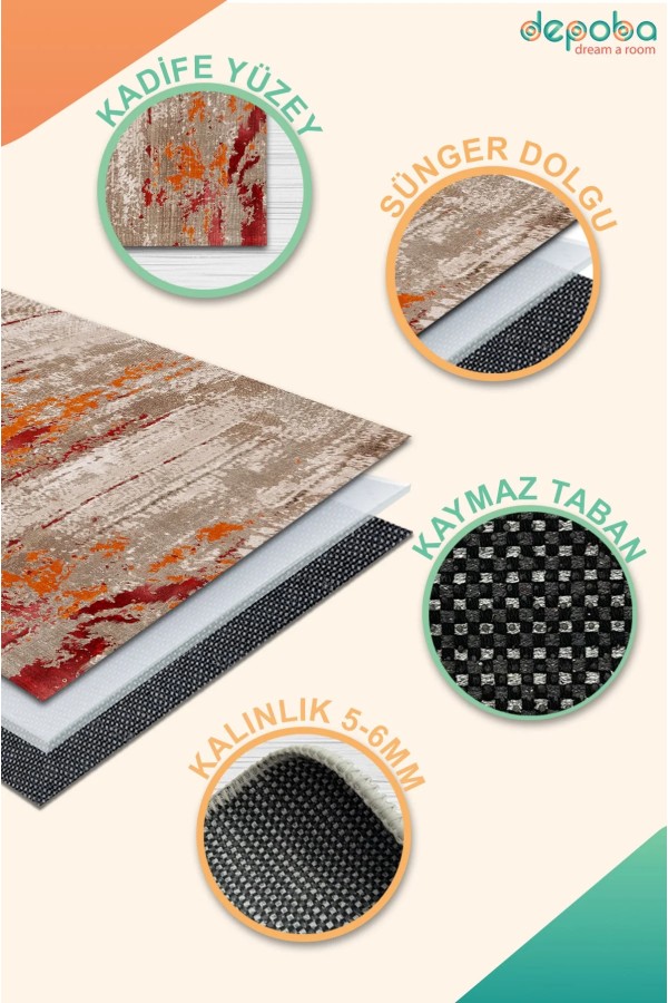 Laura Kadife Yıkanabilir Kaymaz Pamuk Tabanlı Antibakteriyel Salon Halısı