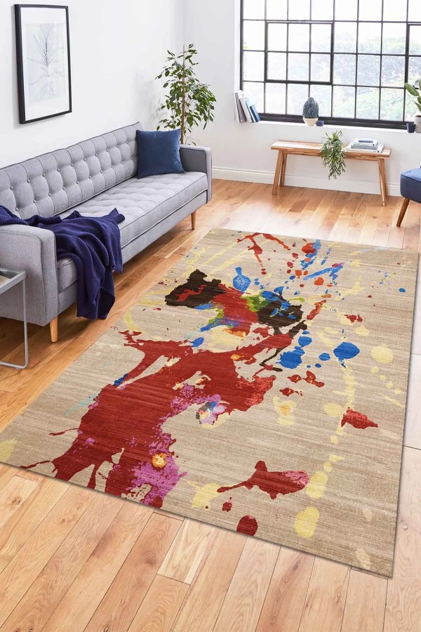 Anemon Desenli Pamuk Tabanlı Yıkanabilen Kaymaz Antibakteriyel Şönil Salon Halısı