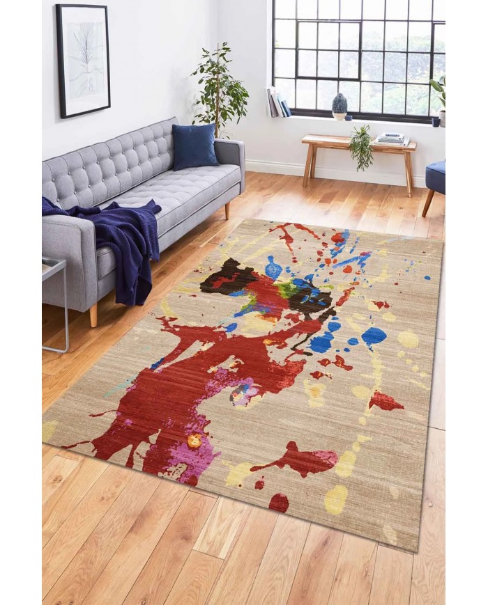 Anemon Desenli Pamuk Tabanlı Yıkanabilen Kaymaz Antibakteriyel Şönil Salon Halısı