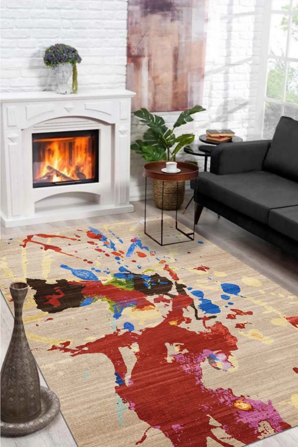 Anemon Desenli Pamuk Tabanlı Yıkanabilen Kaymaz Antibakteriyel Şönil Salon Halısı