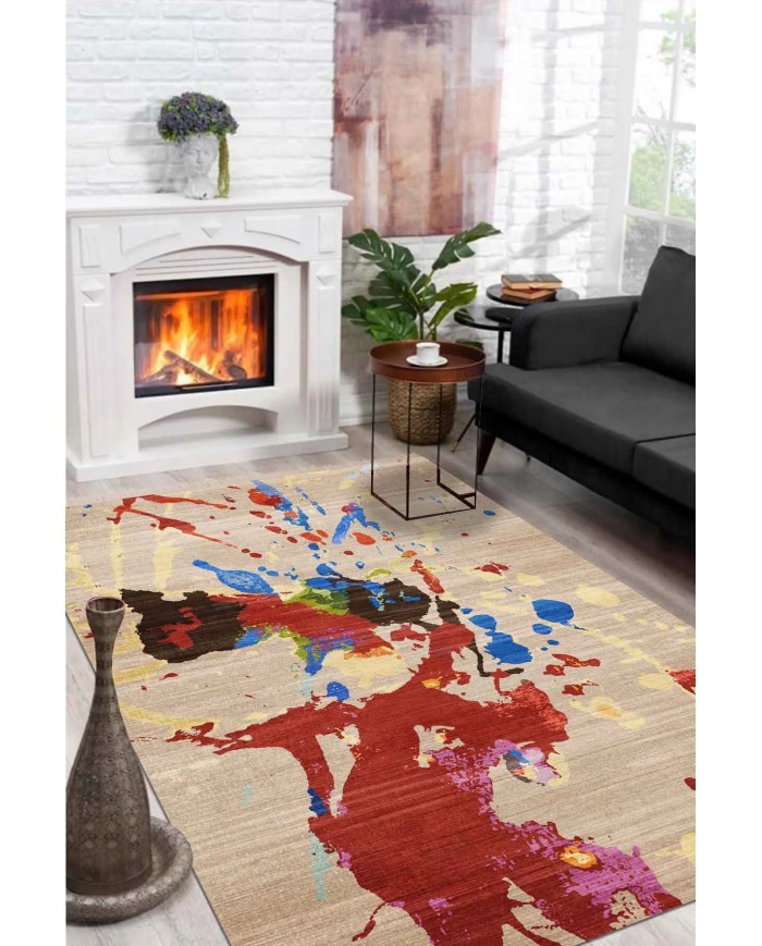 Anemon Desenli Pamuk Tabanlı Yıkanabilen Kaymaz Antibakteriyel Şönil Salon Halısı