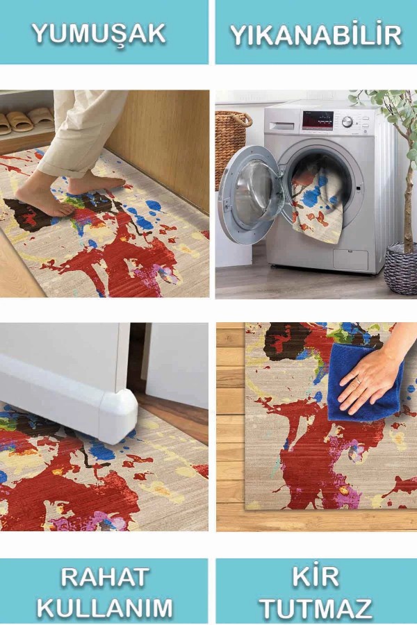 Anemon Desenli Pamuk Tabanlı Yıkanabilen Kaymaz Antibakteriyel Şönil Salon Halısı