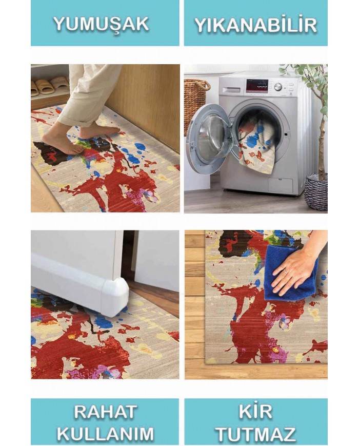 Anemon Desenli Pamuk Tabanlı Yıkanabilen Kaymaz Antibakteriyel Şönil Salon Halısı