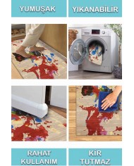 Anemon Desenli Pamuk Tabanlı Yıkanabilen Kaymaz Antibakteriyel Şönil Salon Halısı