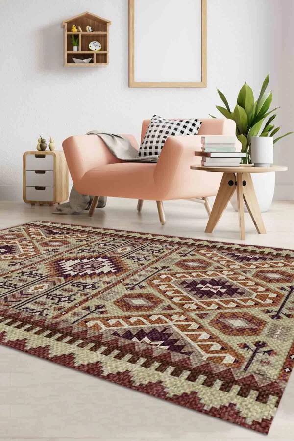 Araceli Desenli Pamuk Tabanlı Yıkanabilen Kaymaz Antibakteriyel Şönil Salon Halısı