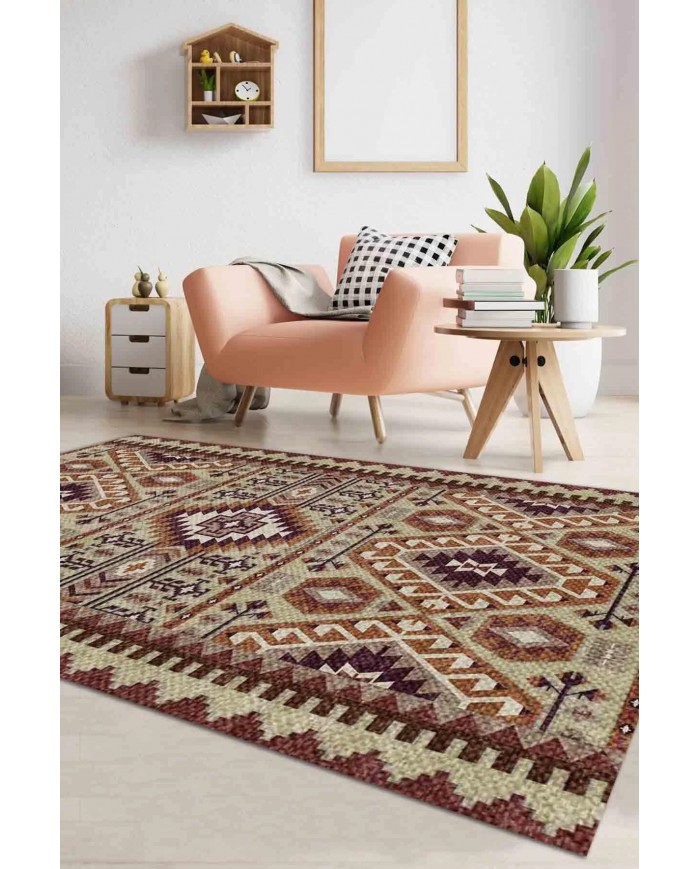Araceli Desenli Pamuk Tabanlı Yıkanabilen Kaymaz Antibakteriyel Şönil Salon Halısı
