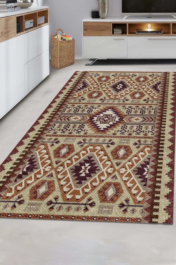 Araceli Desenli Pamuk Tabanlı Yıkanabilen Kaymaz Antibakteriyel Şönil Salon Halısı