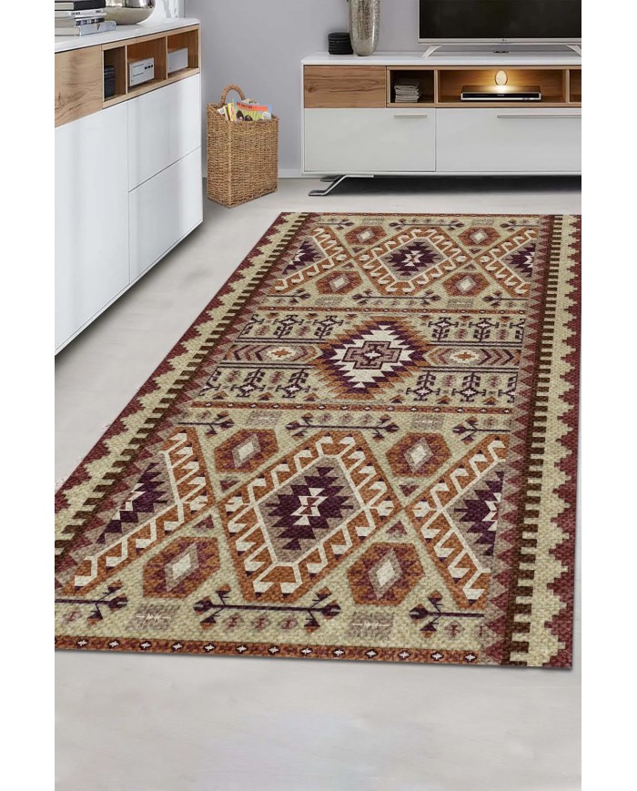 Araceli Desenli Pamuk Tabanlı Yıkanabilen Kaymaz Antibakteriyel Şönil Salon Halısı