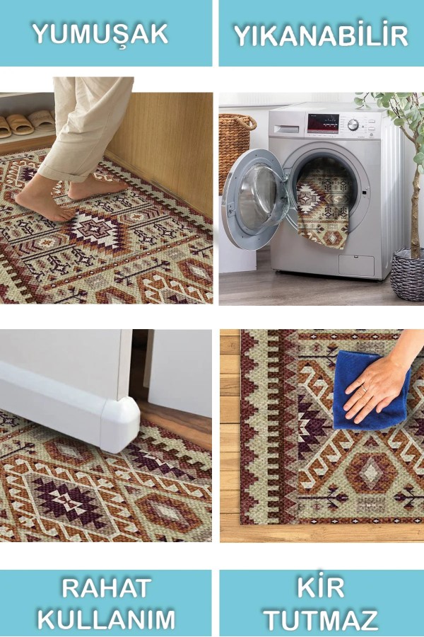 Araceli Desenli Pamuk Tabanlı Yıkanabilen Kaymaz Antibakteriyel Şönil Salon Halısı