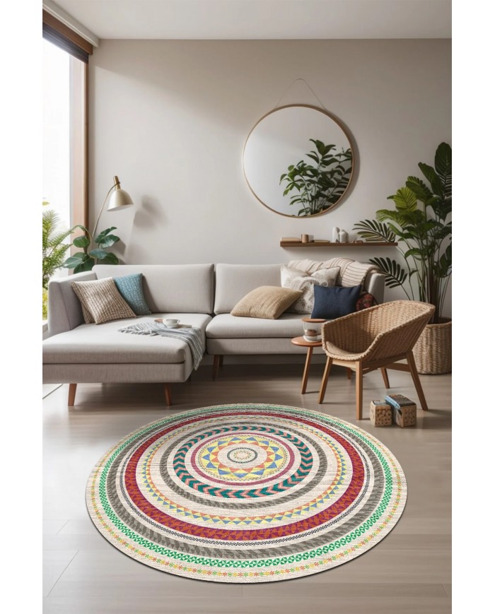 Arane Pamuk Tabanlı Yıkanabilen Kaymaz Antibakteriyel Şönil Yuvarlak Halı