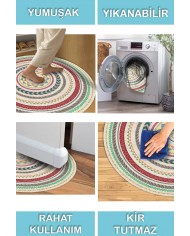 Arane Pamuk Tabanlı Yıkanabilen Kaymaz Antibakteriyel Şönil Yuvarlak Halı