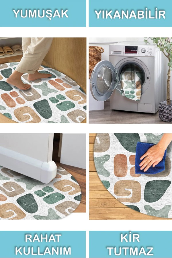 Arone Pamuk Tabanlı Yıkanabilen Kaymaz Antibakteriyel Şönil Yuvarlak Halı