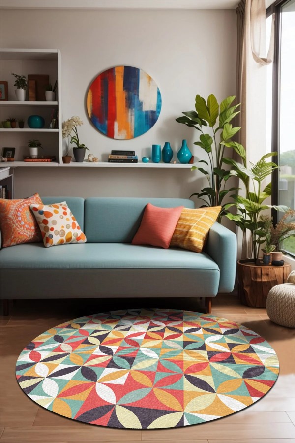 Arya Pamuk Tabanlı Yıkanabilen Kaymaz Antibakteriyel Şönil Yuvarlak Halı