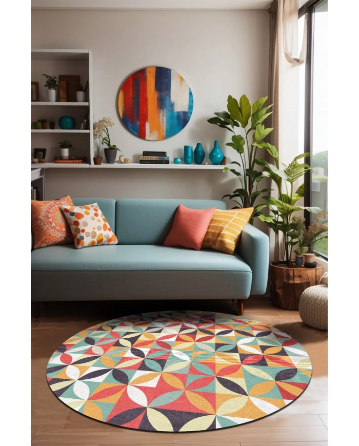 Arya Pamuk Tabanlı Yıkanabilen Kaymaz Antibakteriyel Şönil Yuvarlak Halı