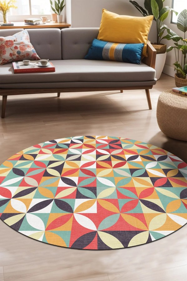 Arya Pamuk Tabanlı Yıkanabilen Kaymaz Antibakteriyel Şönil Yuvarlak Halı