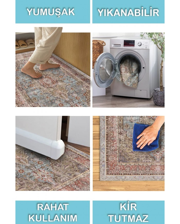 Avlin Elit Desenli Pamuk Tabanlı Yıkanabilen Kaydırmaz Antibakteriyel Şönil Salon Halısı