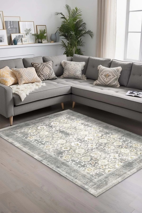 Aylaza Desenli Pamuk Tabanlı Yıkanabilen Kaymaz Antibakteriyel Şönil Salon Halısı