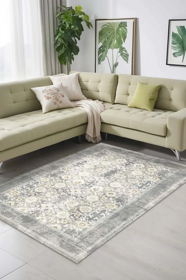 Aylaza Desenli Pamuk Tabanlı Yıkanabilen Kaymaz Antibakteriyel Şönil Salon Halısı