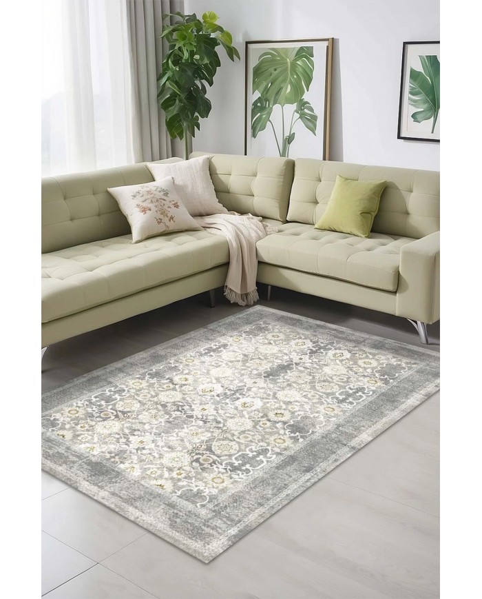 Aylaza Desenli Pamuk Tabanlı Yıkanabilen Kaymaz Antibakteriyel Şönil Salon Halısı