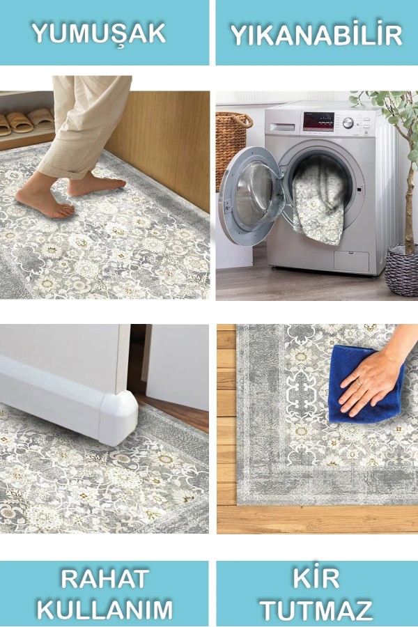 Aylaza Desenli Pamuk Tabanlı Yıkanabilen Kaymaz Antibakteriyel Şönil Salon Halısı
