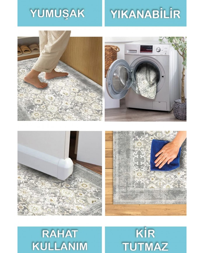 Aylaza Desenli Pamuk Tabanlı Yıkanabilen Kaymaz Antibakteriyel Şönil Salon Halısı