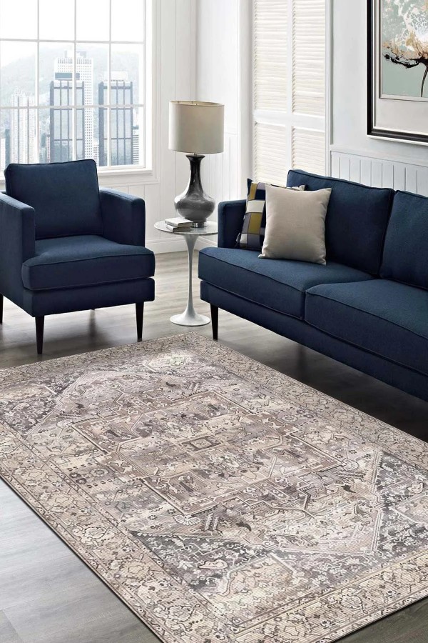 Ayralfa Desenli Pamuk Tabanlı Yıkanabilen Kaymaz Antibakteriyel Şönil Salon Halısı