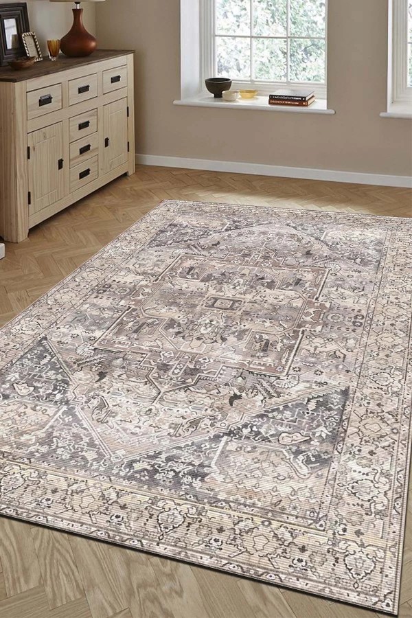 Ayralfa Desenli Pamuk Tabanlı Yıkanabilen Kaymaz Antibakteriyel Şönil Salon Halısı