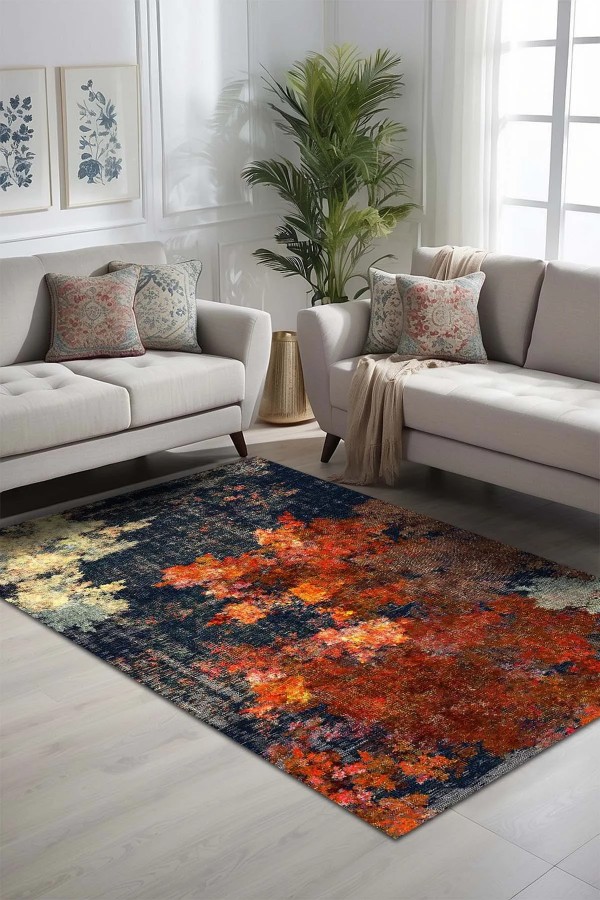 Ayris Desenli Pamuk Tabanlı Yıkanabilen Kaymaz Antibakteriyel Şönil Salon Halısı