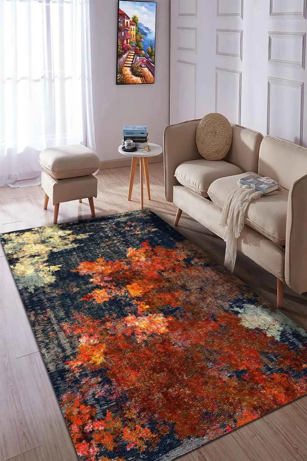 Ayris Desenli Pamuk Tabanlı Yıkanabilen Kaymaz Antibakteriyel Şönil Salon Halısı