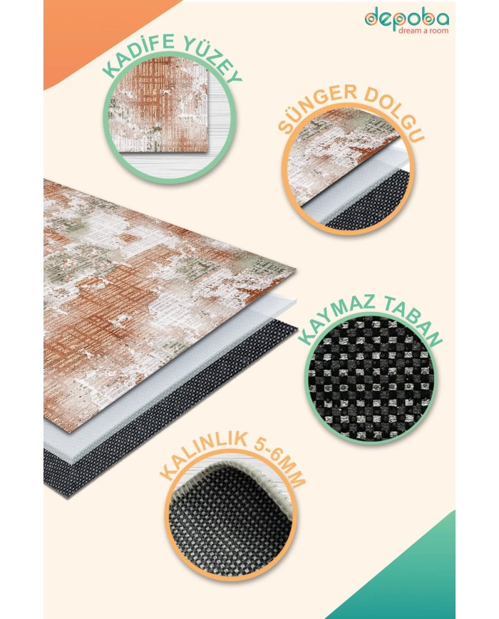 Marie Kadife Yıkanabilir Kaymaz Pamuk Tabanlı Antibakteriyel Salon Halısı